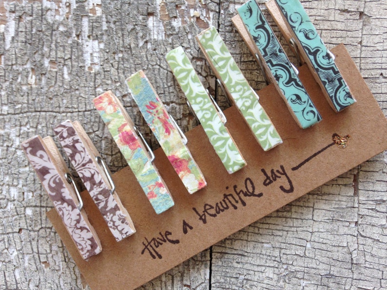 Mini Decorative Clothespins/ Mini Memo Clips/ Small Pegs/ Favor Bag Clips/Damask and Floral/Small Clothespins/Tiny Clothes Pins/Set of 8 image 2