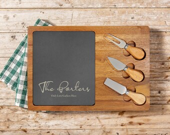 Script + Message - Engraved Slate Charcuterie Board with Acacia Wood Holder - Custom Monogrammed Cheese Lovers Gift