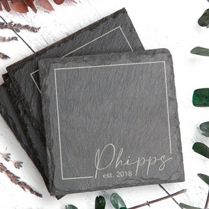 Custom Name Coasters - Frame Script - Natural Slate - Personalized Wedding or Housewarming Gift