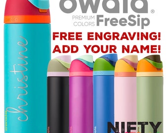 Personalized Water Bottle - Owala FreeSip 24oz - Premium Colors - FREE Laser Engraving - Flip Top Leak Proof Lid - Sip or Swig