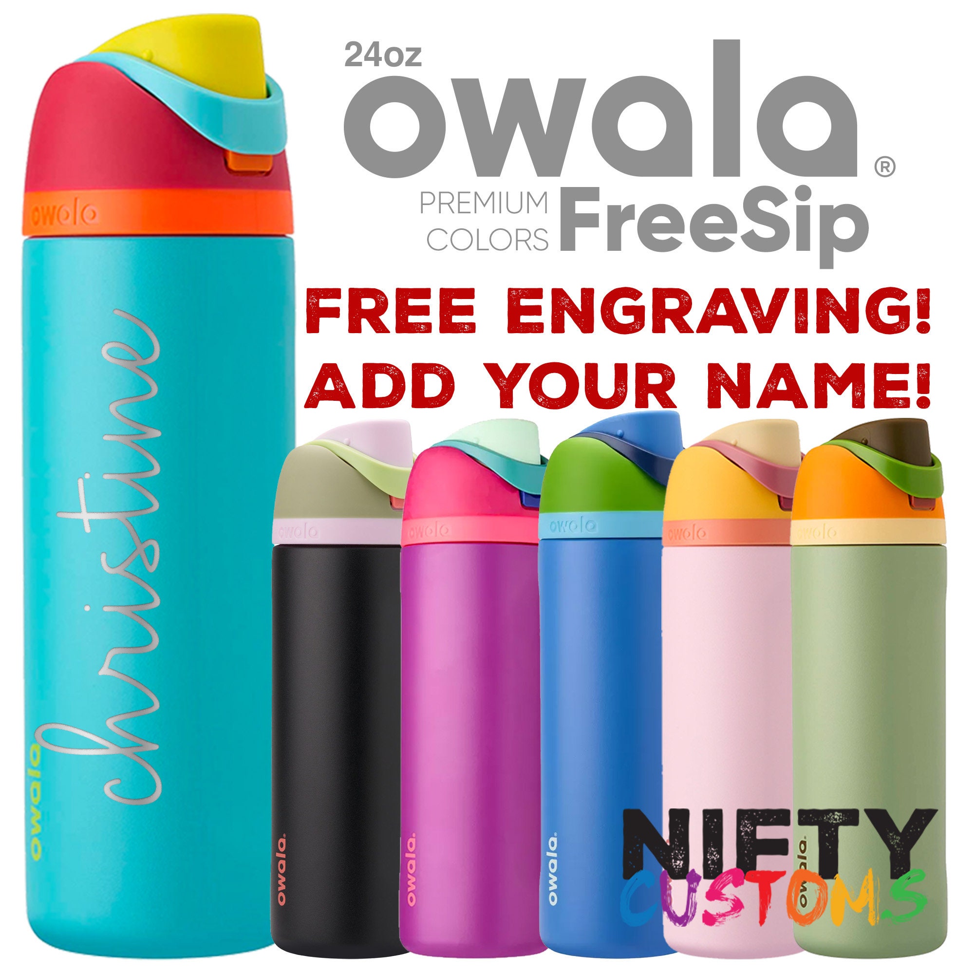 Personalized Water Bottle Owala Freesip 24oz Premium Colors FREE