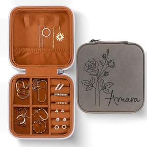 Birth Flower - Jewelry Box - Personalized Vegan Leatherette Jewelry Case - Customized Laser Engraved Bridesmaid Gifts