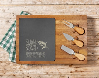 Shark Coochie Board - Engraved Slate Charcuterie Board with Acacia Wood Holder - Custom Monogrammed Cheese Lovers Gift