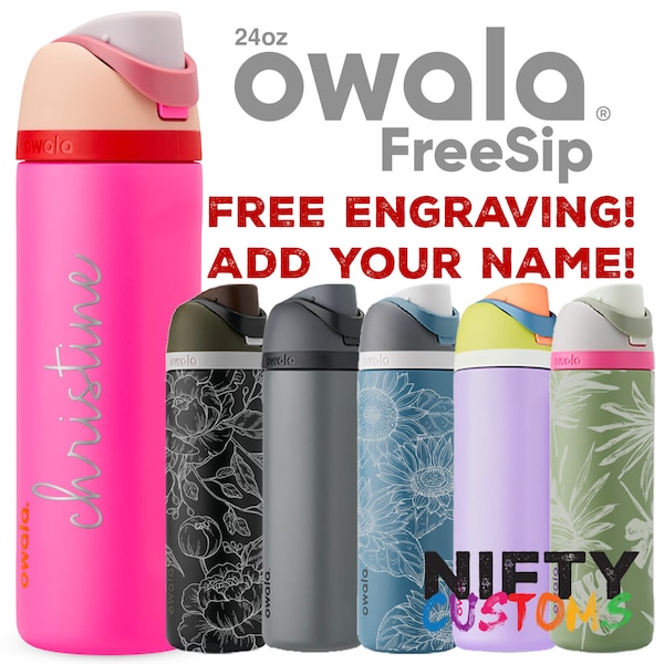 Personalized Water Bottle - Owala FreeSip 24oz - Insulated Stainless Steel - FREE Laser Engraving - Flip Top Leak Proof Lid - Sip or Swig