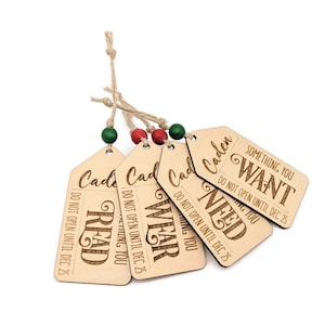 Gift Tags (Want Need Wear Read) - Set of 4 - Keepsake Christmas Holiday Wooden 4 Things Present Children Kid Reusable Handmade Personalized