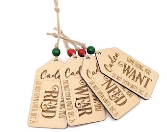 Gift Tags (Want Need Wear Read) - Set of 4 - Keepsake Christmas Holiday Wooden 4 Things Present Children Kid Reusable Handmade Personalized