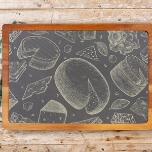 Cheese Drawings - Engraved Slate Charcuterie Board with Acacia Wood Holder - Custom Cheese Lovers Gift