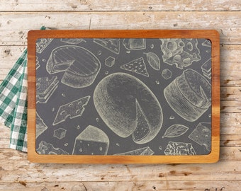 Cheese Drawings - Engraved Slate Charcuterie Board with Acacia Wood Holder - Custom Cheese Lovers Gift