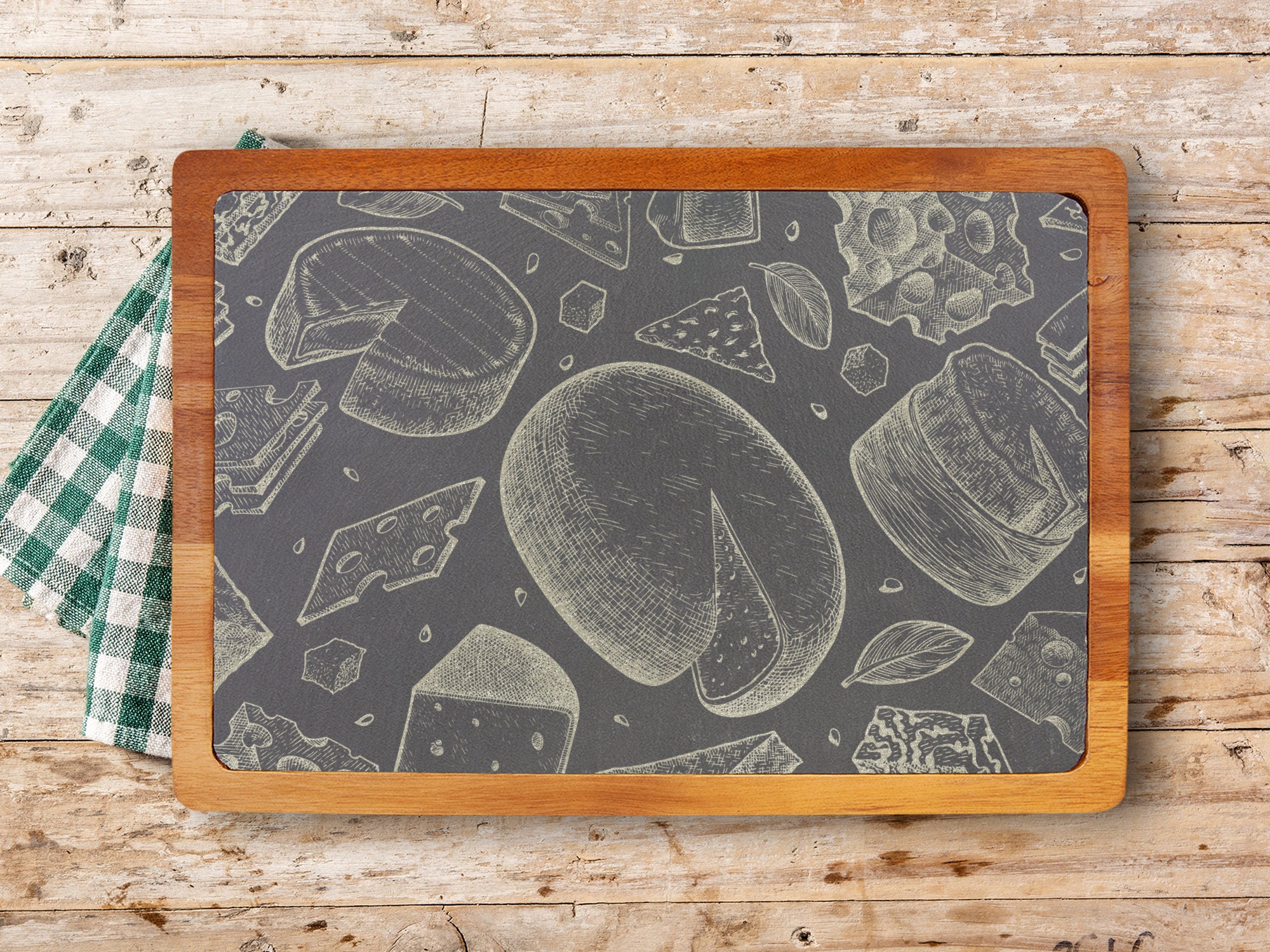 Cheese Drawings - Engraved Slate Charcuterie Board with Acacia Wood Holder - Custom Cheese Lovers Gift