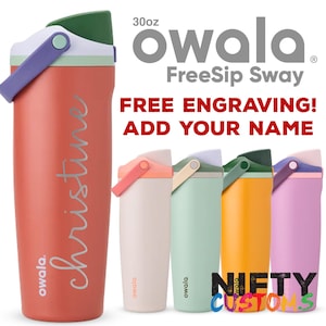 30oz Personalized Water Bottle - Owala FreeSip Sway - Insulated Stainless Steel - FREE Laser Engraving - Flip Top Leak Proof Lid