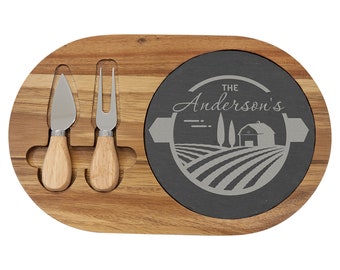 Personalized Cheese Board - Round Engraved Slate Charcuterie Board with Acacia Wood Holder - Custom Cheese Gift