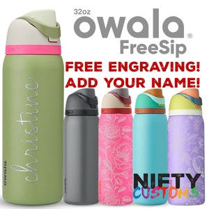 32oz Personalized Water Bottle - Owala FreeSip - Insulated Stainless Steel - FREE Laser Engraving - Flip Top Leak Proof Lid - Sip or Swig