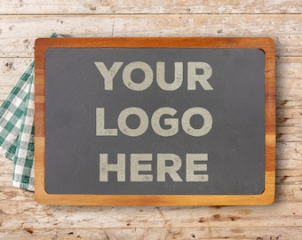 Custom Design or Logo - Engraved Slate Charcuterie Board with Acacia Wood Holder - Add Your Brand Cheese Lovers Gift