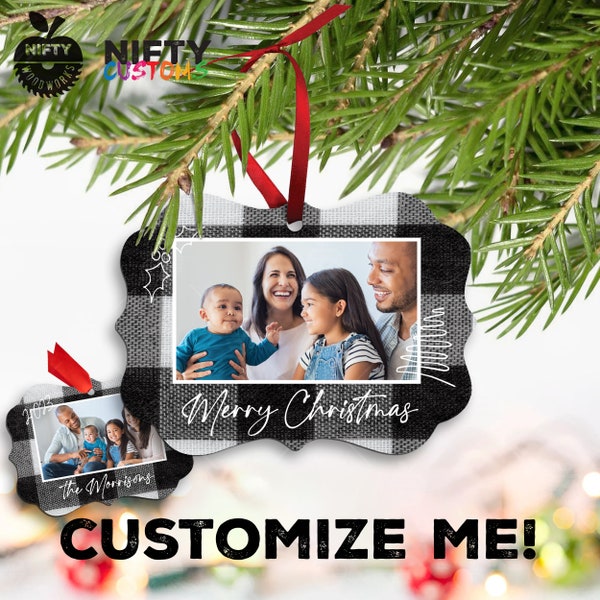 Photo Ornament - White Buffalo Check - Personalized Christmas Ornament - Metal Photo Keepsake - 2023 Holiday Gift - Plaid
