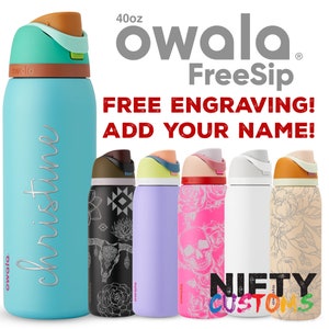 40oz Personalized Water Bottle - Owala FreeSip - Insulated Stainless Steel - FREE Laser Engraving - Flip Top Leak Proof Lid - Sip or Swig