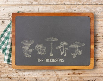 Mushrooms - Engraved Slate Charcuterie Board with Acacia Wood Holder - Custom Monogrammed Cheese Lovers Gift