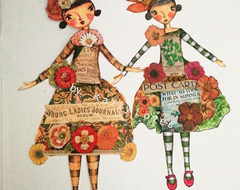 A4, flower, girls, x2, whimsical, tags, decoration, mixed media, art