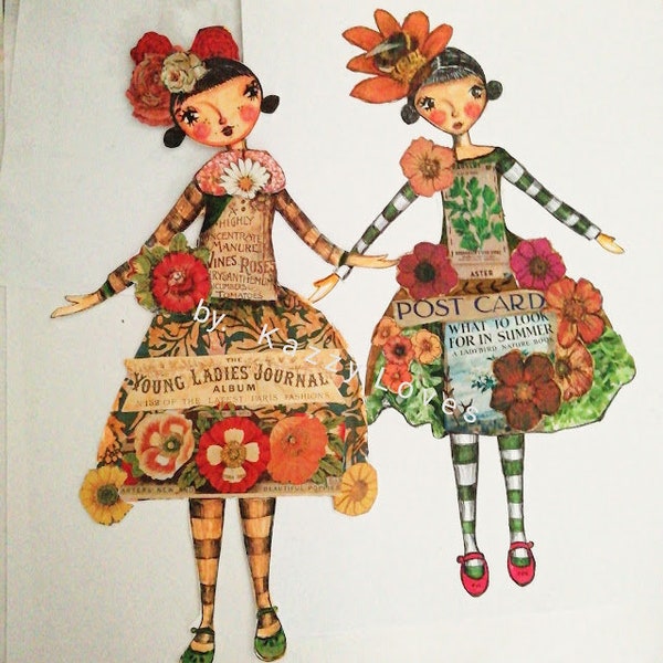 A4, flower, girls, x2, whimsical, tags, decoration, mixed media, art