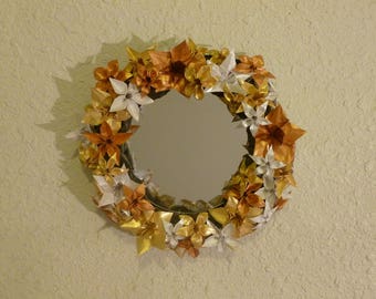 Origami Gold and Pearl Colored Flowered Mirror