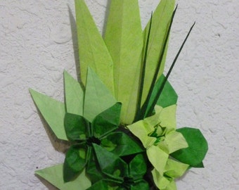 Origami Flowers, Leaves and Grass Wall Sculpture (Green) 8"x5"x3"