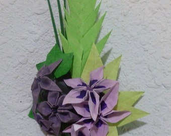 Origami Flowers, Leaves, Grass and Succulent Wall Sculpture (Purple) 8"x4"x3"