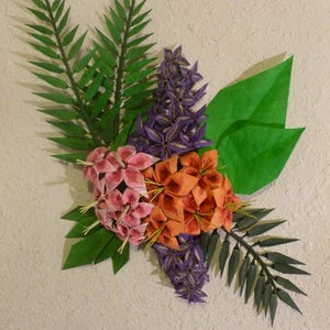 Origami Primrose, Trillium and Buttercup Flowers with Ferns and Leaves Arrangement 13"x20"x4"