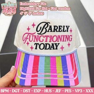 May include: A white baseball cap featuring the embroidered black and pink text "BARELY FUNCTIONING TODAY" surrounded by small pink star icons. The cap has a multi-colored vertical striped brim in shades of pink, blue, green, and yellow.