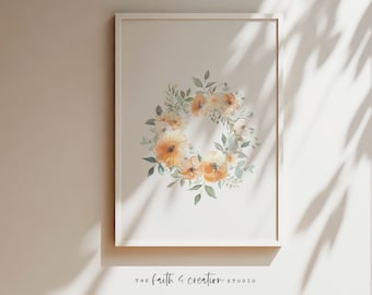 Watercolor Floral Wreath Print: Beige Nursery Decor (Digital Download)