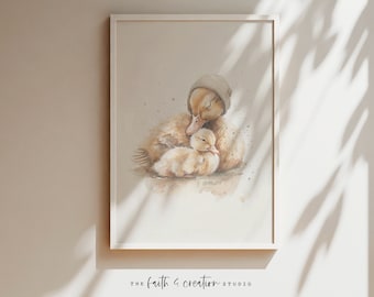 Mother Duck Nursery Art, Nursery Decor, Neutral Nursery, Nursery Wall, Vintage Wall Art, Nursery Art Gift, Duckling, Digital Print, Wall Art
