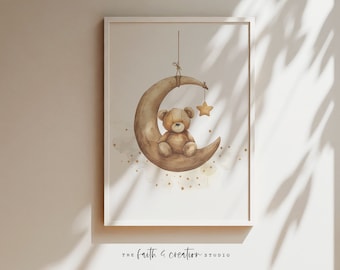 Aquarell Bär Mond Kinderzimmer Print: Wunderliche Kinderwandkunst (Digitaler Download)