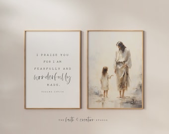 Fearfully And Wonderfully Made, Set Of Two Prints, Watercolor Print, Nursery Wall Art, Jesus With Children, Digital Print, Psalm 139 14