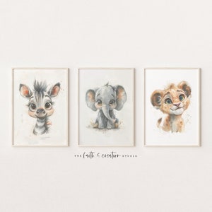Watercolor Animals Nursery Wall Art, Gender Neutral Nursery, Neutral Nursery, Baby Room Decor, Lion, Elephant, Zebra, Animal Prints, Digital
