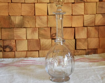 Antique glass carafe with incisions, glass, tall glass bottle, glass stopper, glass jug, 50s carafe, gift