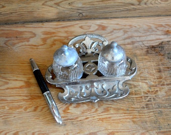 Antique Desk Tray, Organizer, Gothic Inkwell Glass, Ink Jar Holder Metal, Collectible, Antique