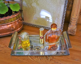 Art deco mirror tray glass with metal frame, cut glass, 20s glass tray, antique tray with handles, art deco, shabby decoration