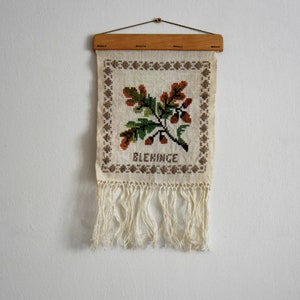 Swedish cross stitch wall hanging Blekinge oak, hand embroidered wall hanging with fringes, landscape flora, Swedish wall decoration