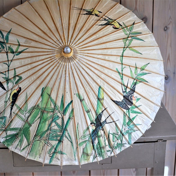 Antique Asian paper parasol, paper umbrella made of bamboo and rice paper, antique Asian decoration, bird decor, rarity