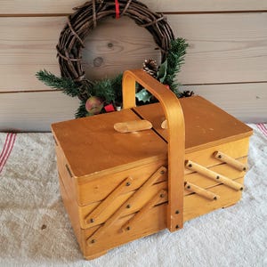 old sewing box wood 50s 60s, antique sewing box, utensil, vintage wooden box, shabby, brocante, midcentury sewing box