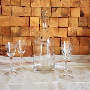 Vintage set of glass carafe and 4 glasses with magical decorations, decanter, glass bottle, glass jug, carafe, etched glass, gift