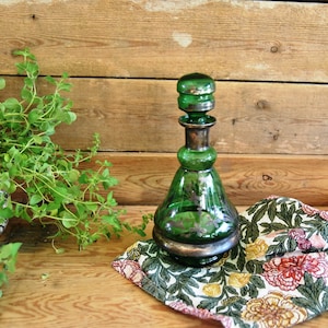 Antique Art Deco glass carafe with magical decorations, decanter, green glass bottle, glass cut stopper, glass jug, carafe, gift