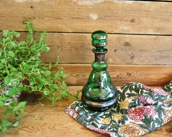 Antique Art Deco glass carafe with magical decorations, decanter, green glass bottle, glass cut stopper, glass jug, carafe, gift