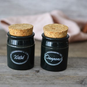 Set: 2 Höganäs ceramic spice jars with cork lids, oregano, Vitlök, Swedish ceramics, country kitchen, Swedish spice jars