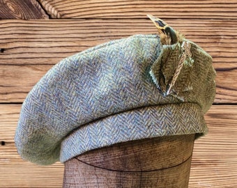 Tweed Beret Tam 0' Shanter, Celtic hat, green blue tweed beret, Highlander Tam, Men's Scottish Tam, Scottish Bonnet, Balmoral.