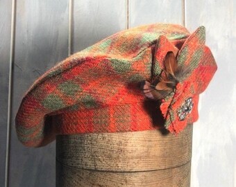 Harris Tweed® Beret/Tam 0' Shanter. Celtic hat. Outlander Tam. Orange/Green Tartan. Highlander Tam. Men's Scottish Tam. Scottish Bonnet.