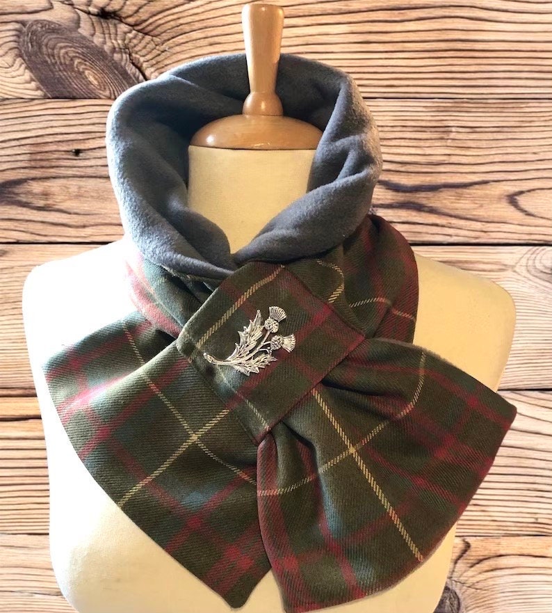 Scottish 100% wool Tartan Scarf, Neck wrap, Neck warmer, Neck gaiter, Tartan Cowl Snood. Celtic thistle Brooch included. image 2