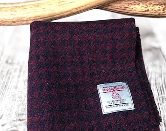 Harris Tweed pocket square.  Scottish Burgundy Navy tweed hanky, Wedding pocket square, Handmade wool Handkerchief.