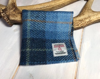 Harris Tweed® pocket square, Scottish tartan tweed hanky, Wedding pocket square, Handmade wool Handkerchief, Blue wool tartan hanky.