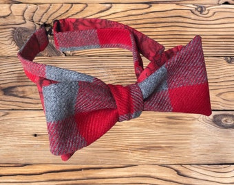 SALE***Red Grey check wool Tweed self tie bow tie, check tweed self tie, red bow tie, grey tweed self tie.