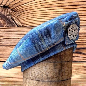 SALE ITEM:- Harris Tweed Beret/Tam 0&#39; Shanter, Celtic Highlander Tam, Men&#39;s Scottish hat, Scottish Blue tartan beret, Balmoral Bonnet cap.