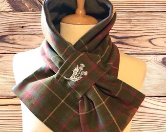 Scottish 100% wool Tartan Scarf, Neck wrap, Neck warmer, Neck gaiter, Tartan Cowl Snood. Celtic thistle Brooch included.